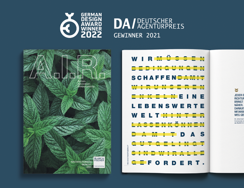 Cover of the 2021 sustainability report titled 'A.I.R.' with mint leaves background and open page showing a German text highlighting environmental responsibility and care for future generations, awarded German Design Award 2022 and Deutscher Agenturpreis 2021.