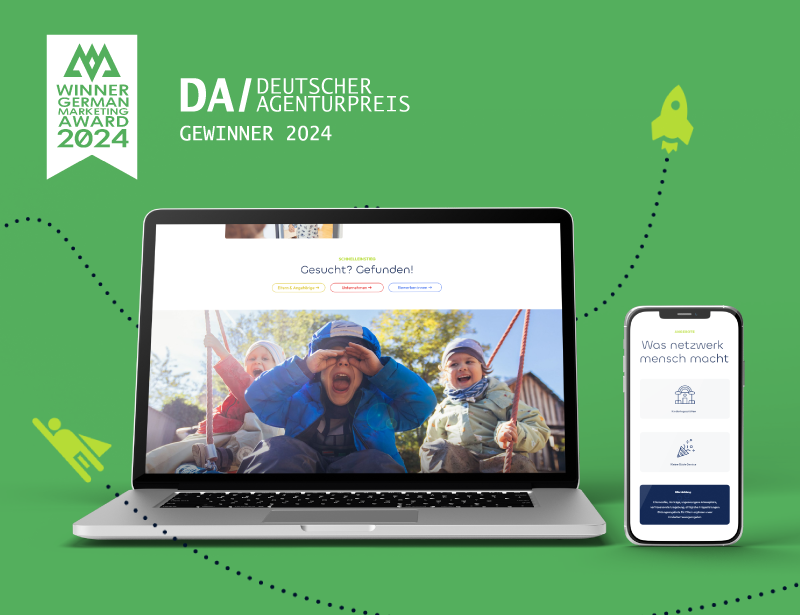 Laptop showing a website with children playing on swings and a smartphone displaying a networking app, on a green background with German Marketing Award 2024 winner logo and text.