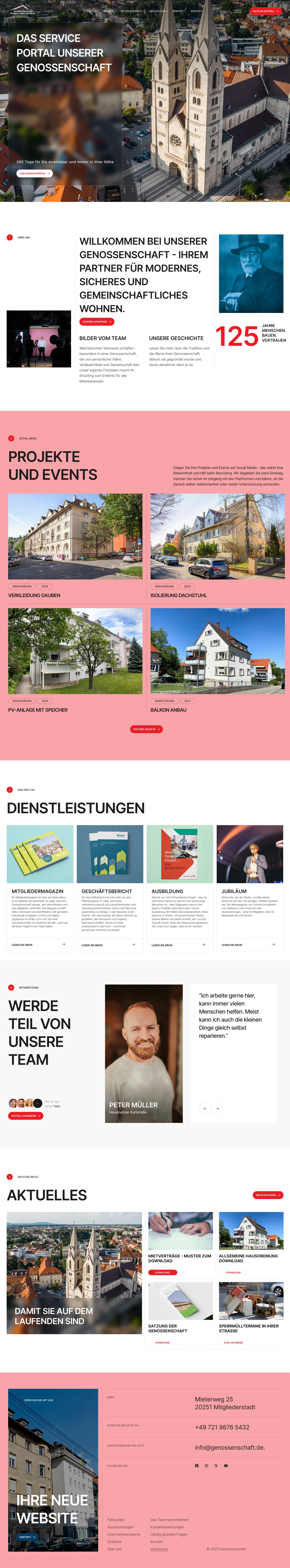 Aerial view of a historic church with two tall spires in a densely built European town, featured on a cooperative housing service portal website.