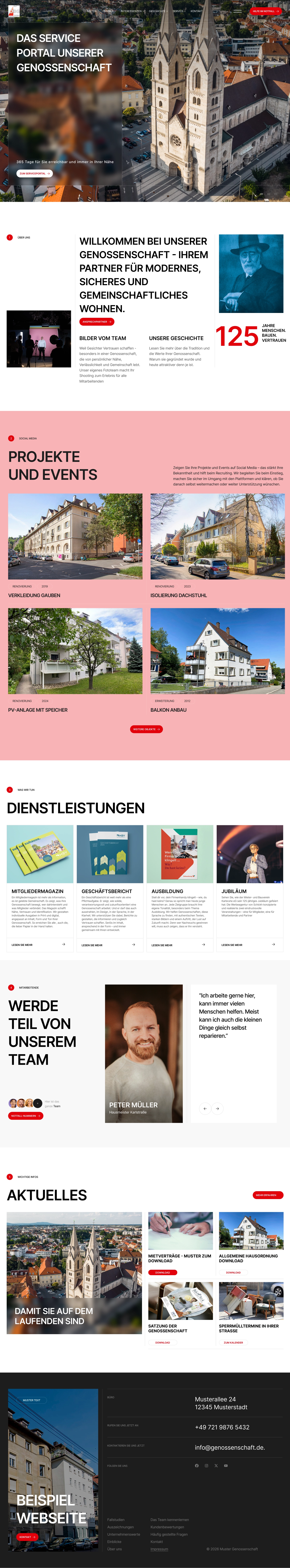 Website homepage showing a church with twin towers, German text about a housing cooperative, project images, team member photo, and service offerings on a pink and white background.