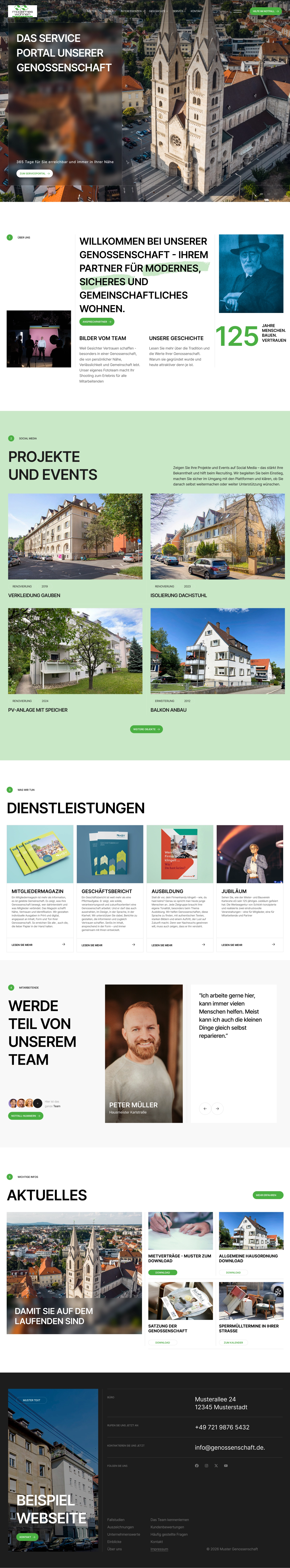 Website homepage showing a German cooperative housing service portal with images of a church, housing projects, team members, services, news, and contact information.