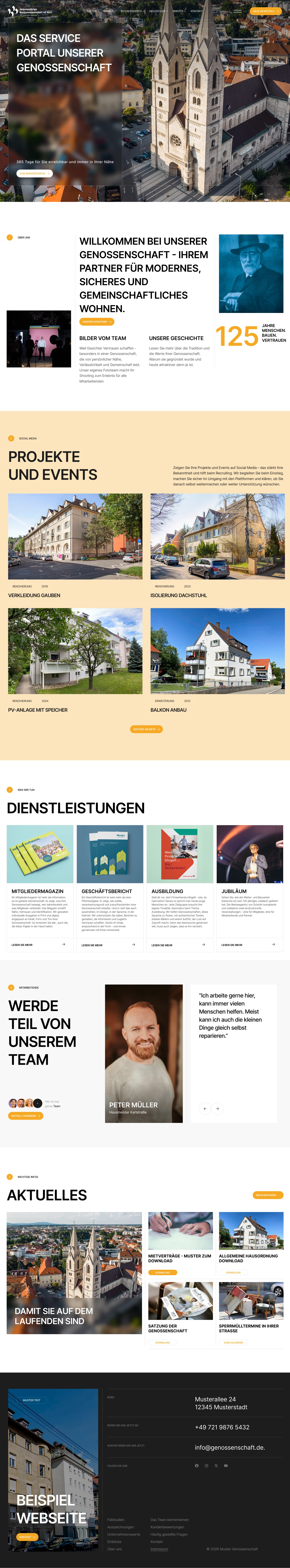 Website homepage featuring an aerial view of a historic church with twin towers, German text about cooperative housing services, project images, team introduction with photo, and contact information section.