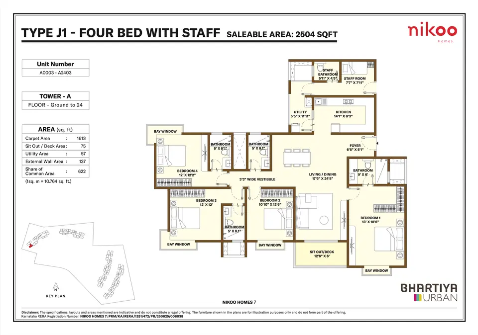 Type J1 - 4 BHK with Staff (2504 sqft)
