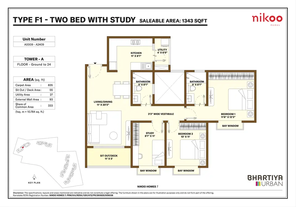 Type F1 - 2 BHK with Study (1343 sqft)