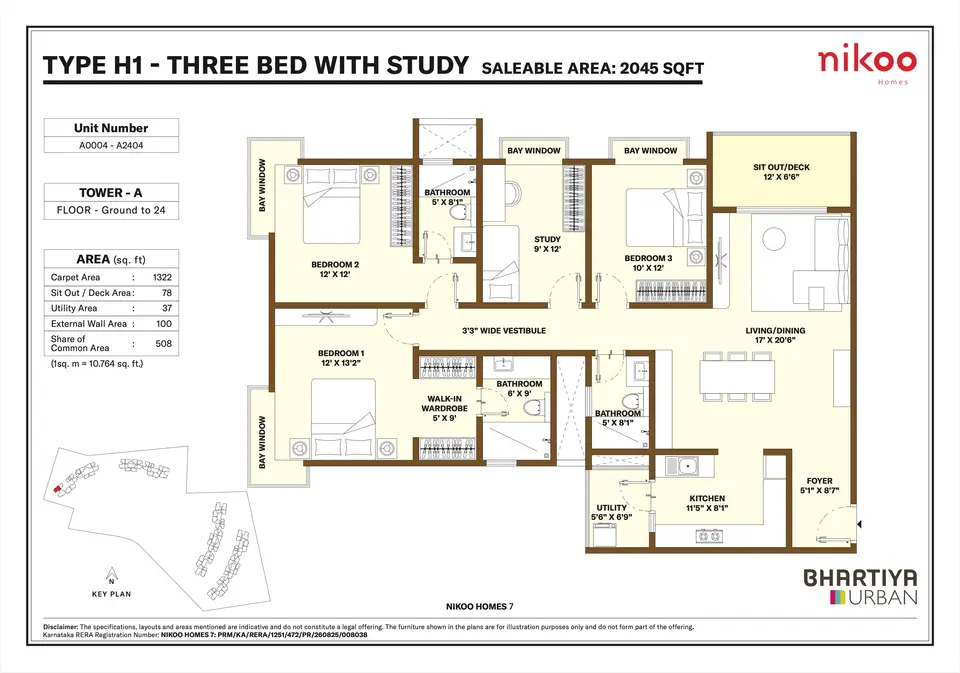 Type H1 - 3 BHK with Study (2045 sqft)