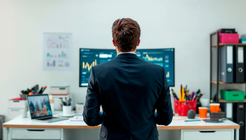 Small business owner working on a laptop with modern IT systems and technology support in an office environment.