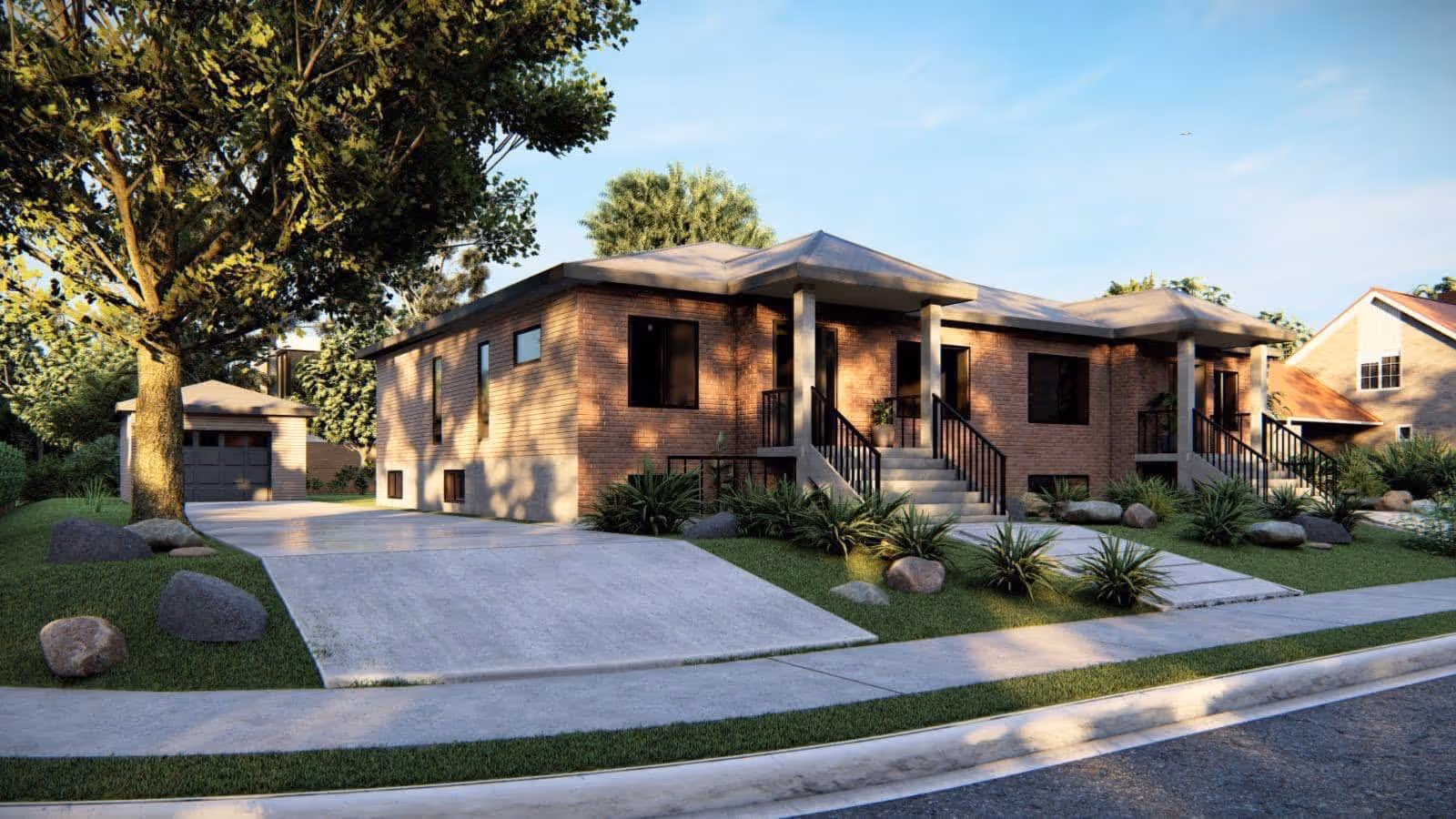 Nouvelle construction résidentielle réalisée par SCI Globale Inc. — maison unifamiliale moderne avec façade en brique et aménagement paysager.