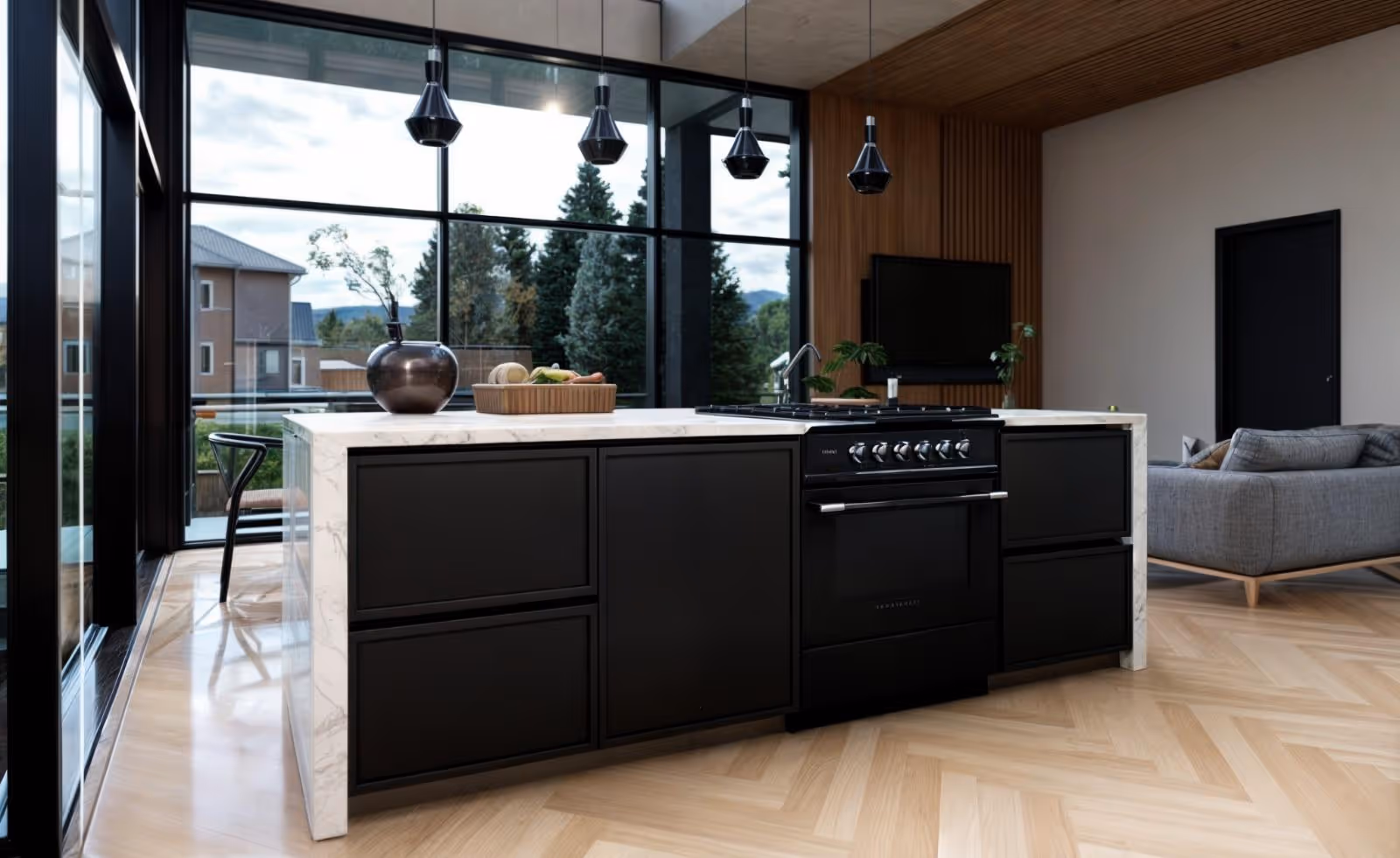 Modélisation 3D architecturale d’un salon moderne avec cuisine ouverte et grandes fenêtres — SCI Globale Inc.