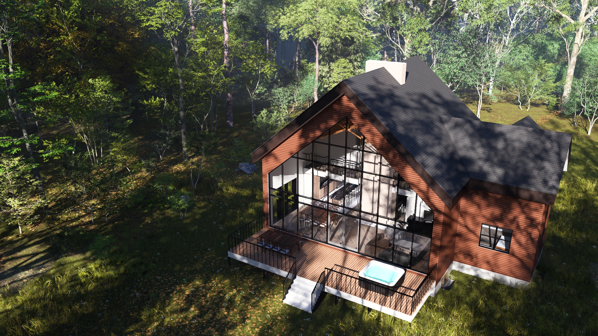 Aerial rendering of the Val des Lacs modern cabin surrounded by forest, featuring a wood-clad exterior and glass façade.