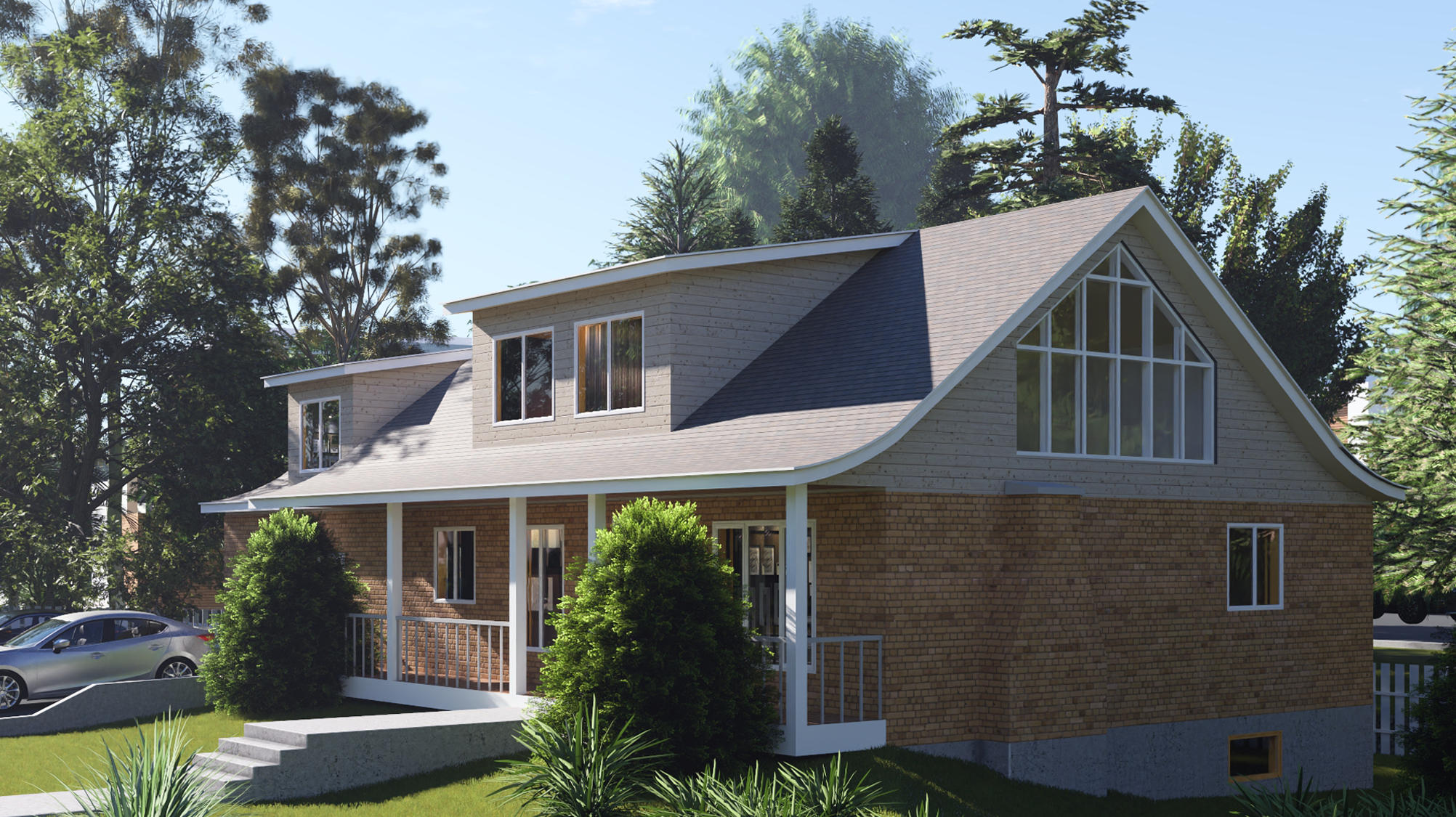 After photo of the Mascouche residence showing the completed renovation with new dormers, brick façade, and landscaped exterior.