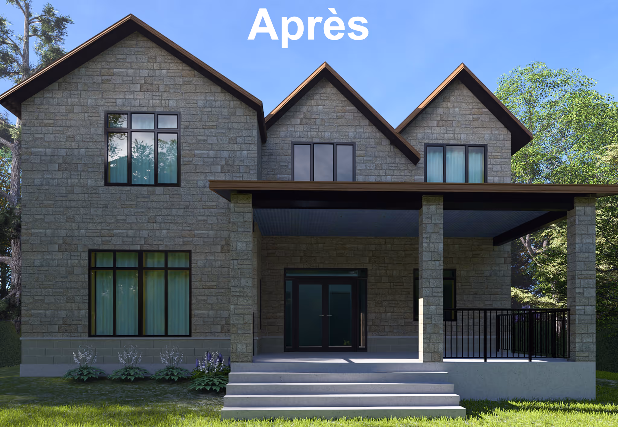 After image labeled ‘Après,’ showing the renovated Crecerelles house with updated stone exterior and contemporary roofline.