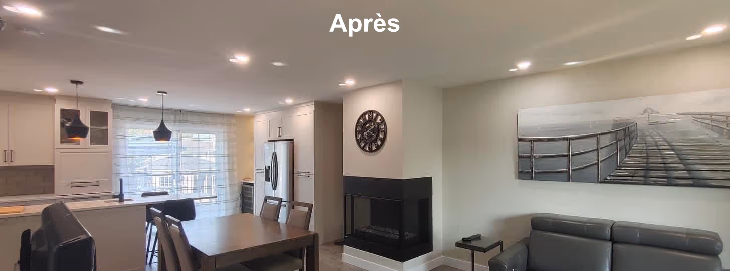 After photo of the renovated open-concept space labeled ‘Après,’ showing seamless flow between kitchen, dining, and living room following wall removal.