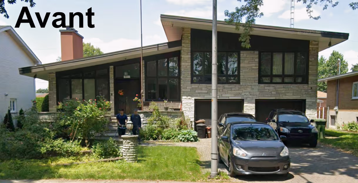Before photo of a mid-century house labeled ‘Avant,’ showing the original façade and driveway prior to the planned home expansion.