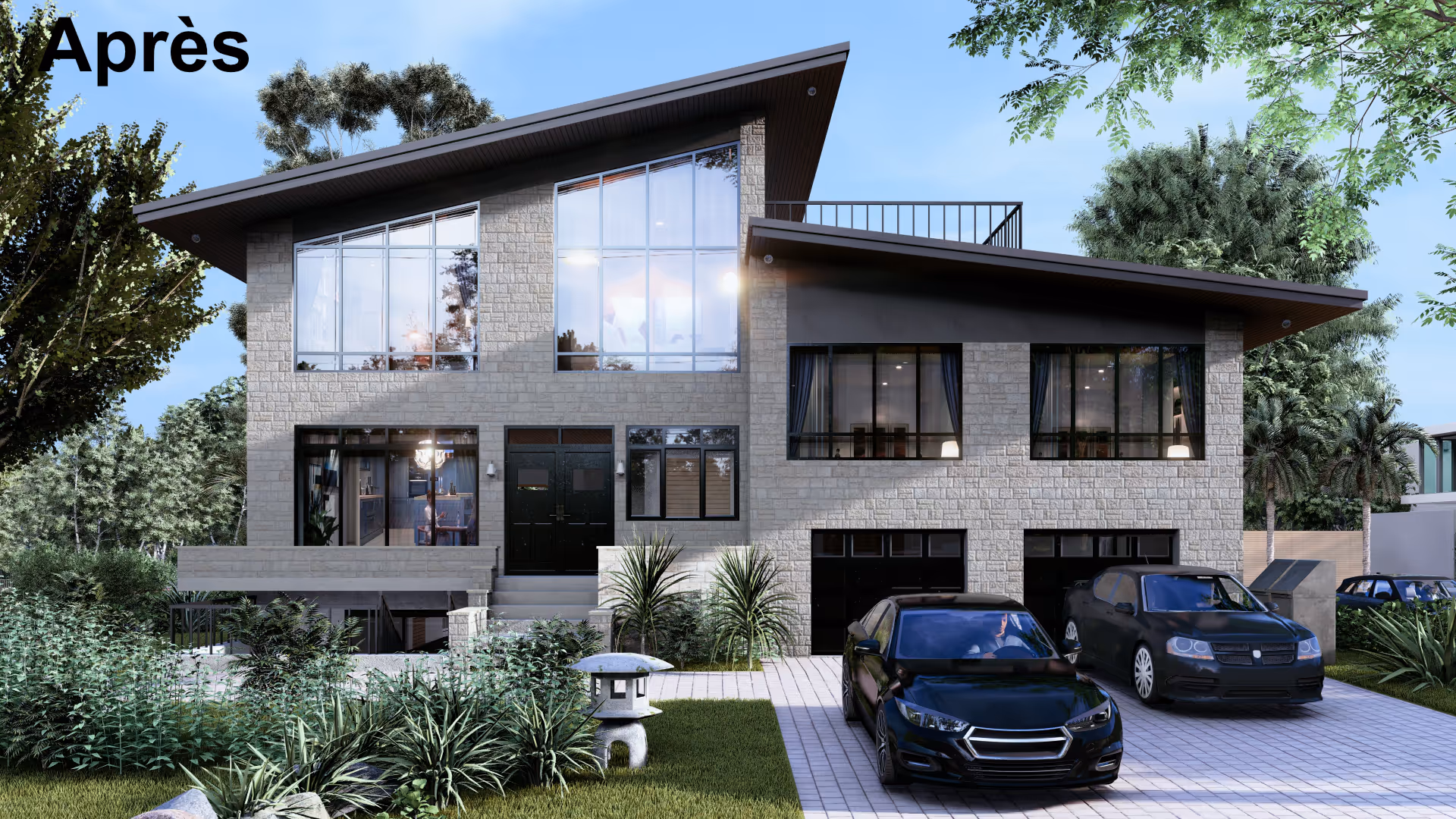 After image labeled ‘Après,’ showing the enlarged modern house with an added second floor, large glass windows, and landscaped front yard.