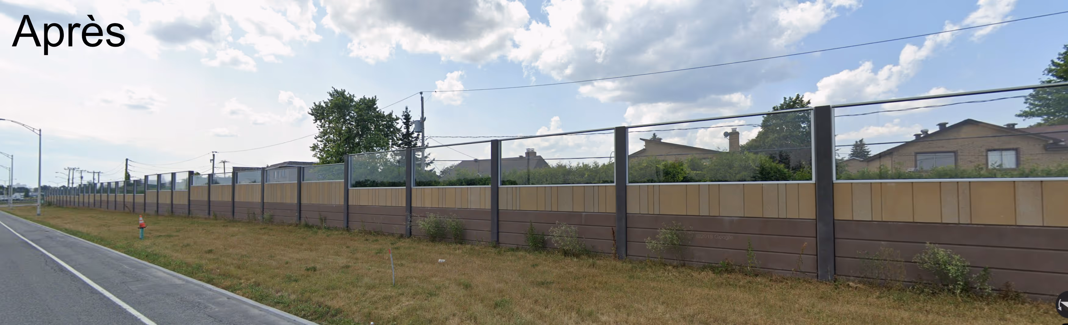 After photo labeled ‘Après,’ showing the newly constructed 3.5 km noise barrier along the roadside, separating the highway from residential properties.