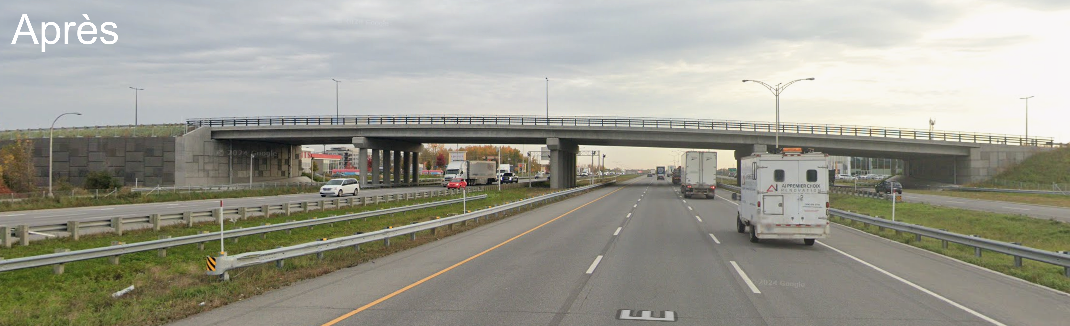 After photo labeled ‘Après,’ showing the completed Val-de-Brises bridge spanning a highway, with vehicles traveling underneath.