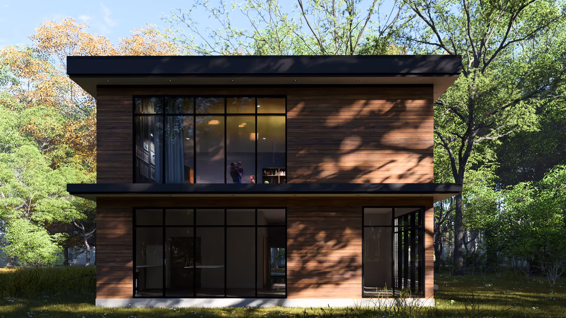 Architectural render of the Alexis Dionne residence in Estrie, showing a modern two-story wooden façade with large windows surrounded by trees.