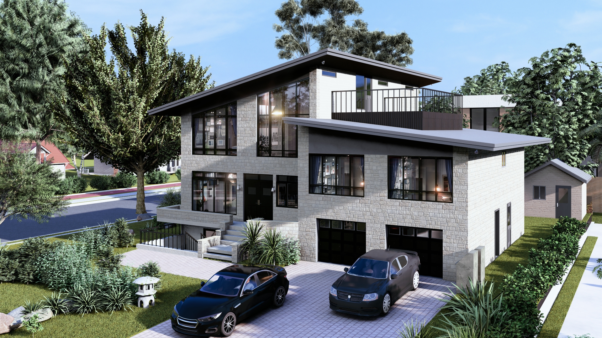Architectural render of the Duplessis residence, showing a modern multi-level design with stone façade, large windows, and landscaped driveway.