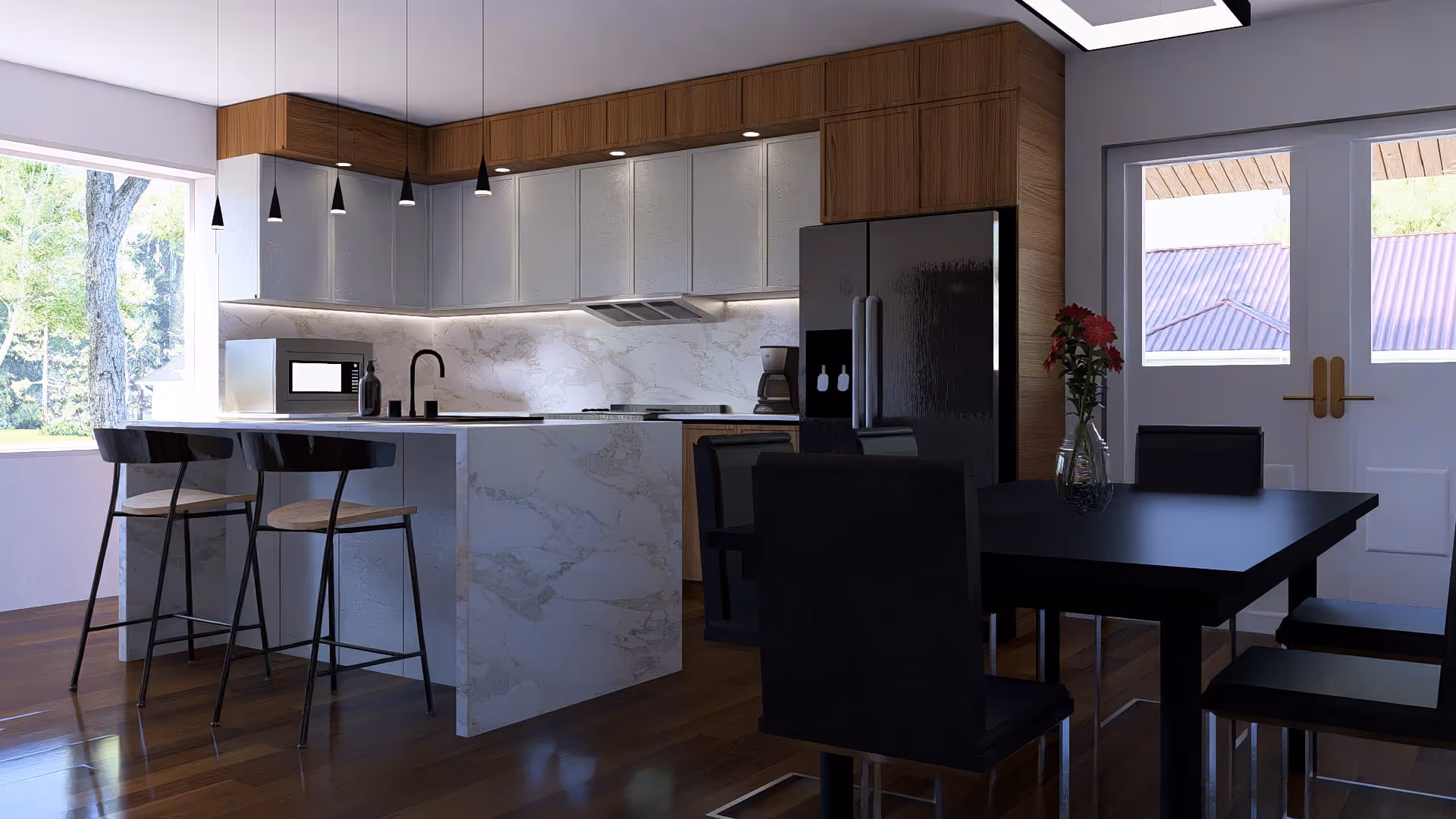 Cuisine moderne avec un îlot en marbre blanc, tabourets noirs, réfrigérateur noir, table à manger noire avec quatre chaises et une fenêtre lumineuse donnant sur la verdure.