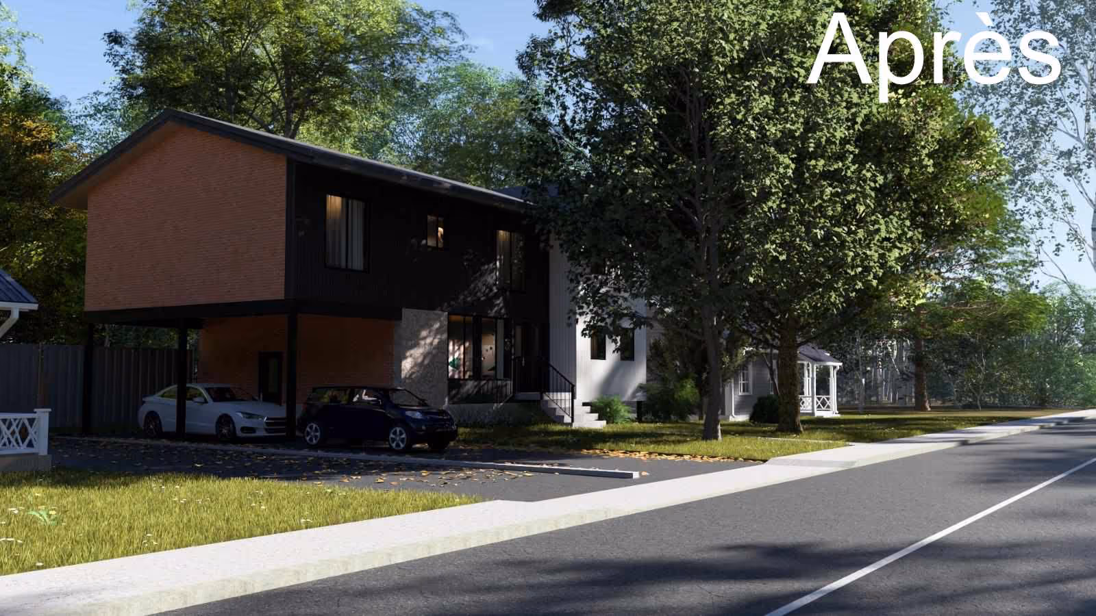 Maison moderne avec un étage en porte-à-faux et deux voitures stationnées sous l'espace surmonté, entourée d'arbres verts par une journée ensoleillée.