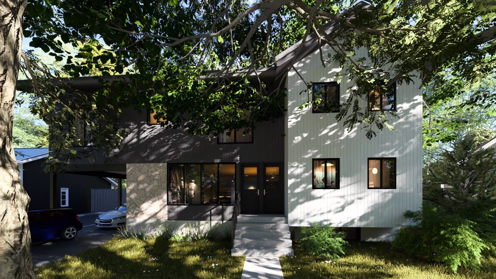 Façade d'une maison moderne avec un côté à bardage clair et un autre côté sombre, entourée d'arbres et d'un jardin herbeux, avec deux voitures garées près de l'entrée.