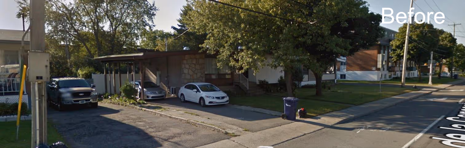 Vue d'une maison avec deux voitures garées dans l'allée, un arbre sur la pelouse et une poubelle bleue sur le trottoir.