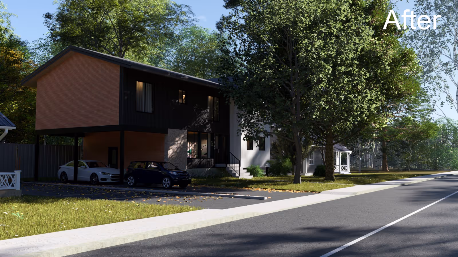 Maison moderne avec un étage en porte-à-faux et deux voitures stationnées sous l'espace surmonté, entourée d'arbres verts par une journée ensoleillée.