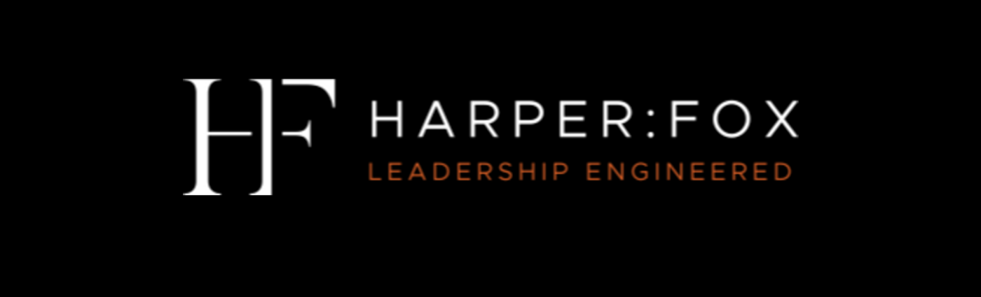 Logo with white stylized HF initials next to text 'HARPER:FOX' and orange text 'LEADERSHIP ENGINEERED' on black background.