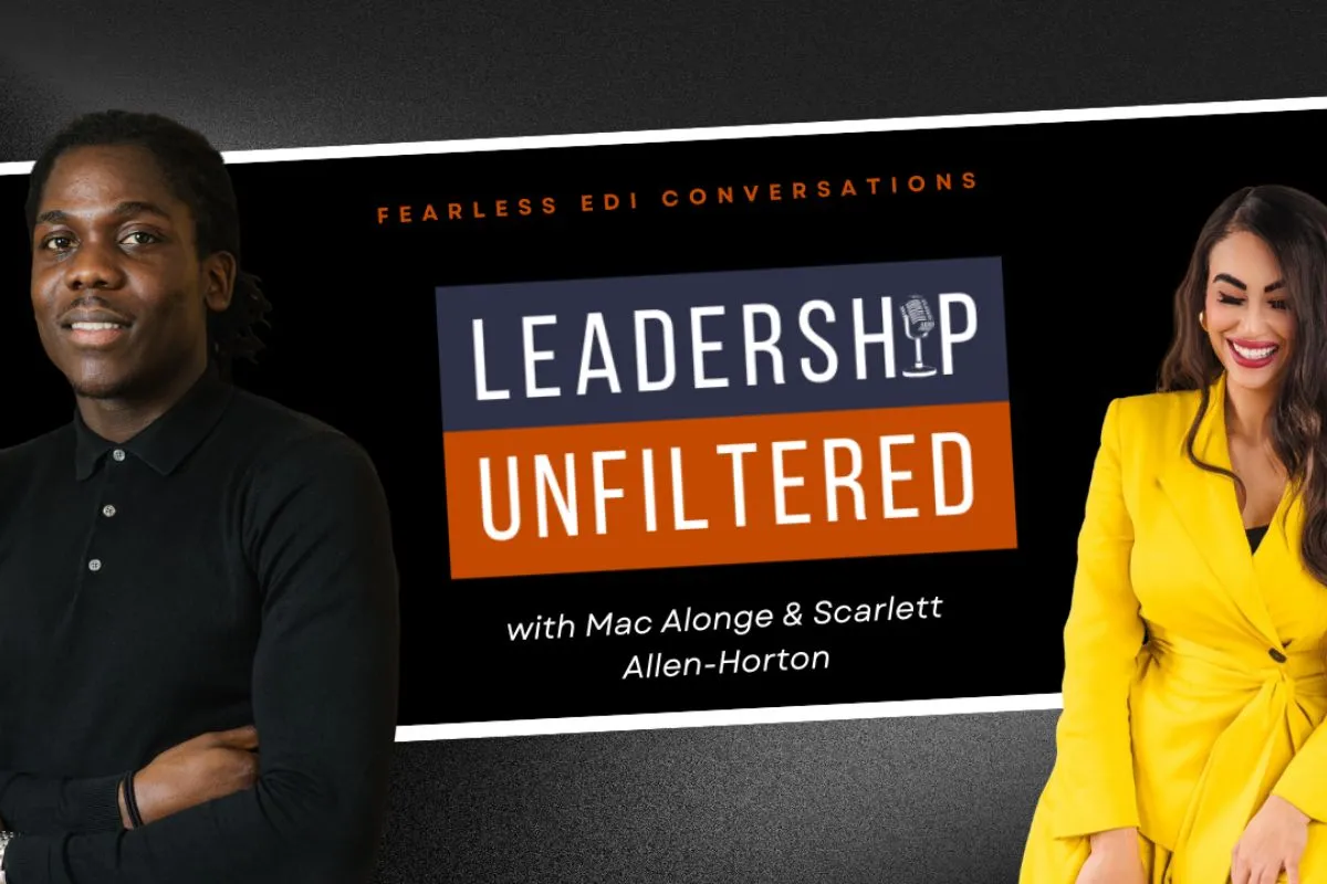 Promotional banner for Leadership Unfiltered podcast with Mac Alonge and Scarlett Allen-Horton featuring their photos and podcast title.