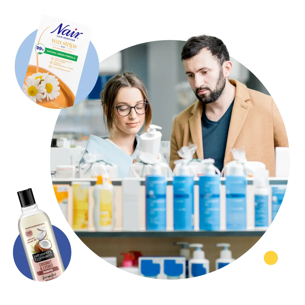 mix of images including products and people in a shop