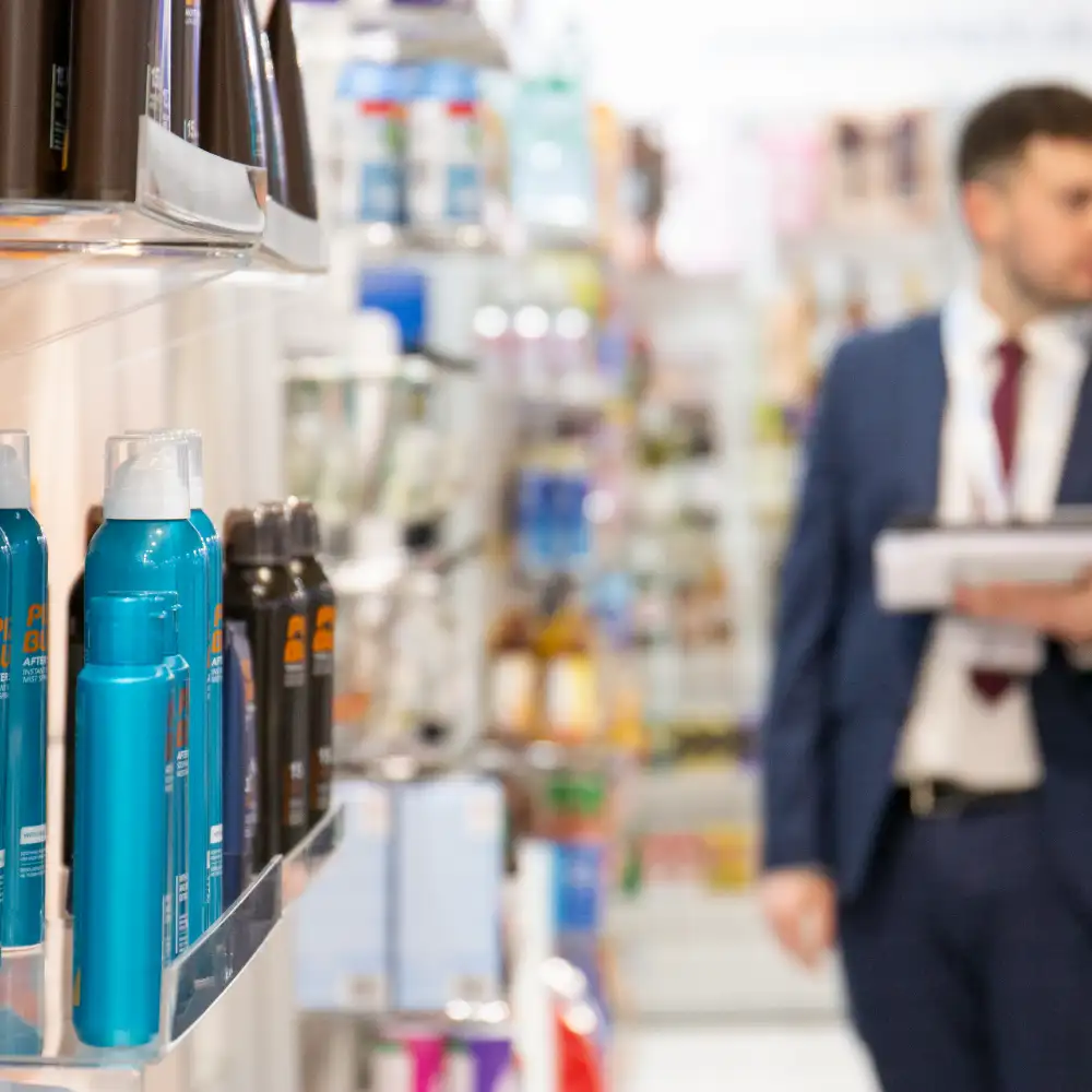 suncare products on a shelf at a trade show