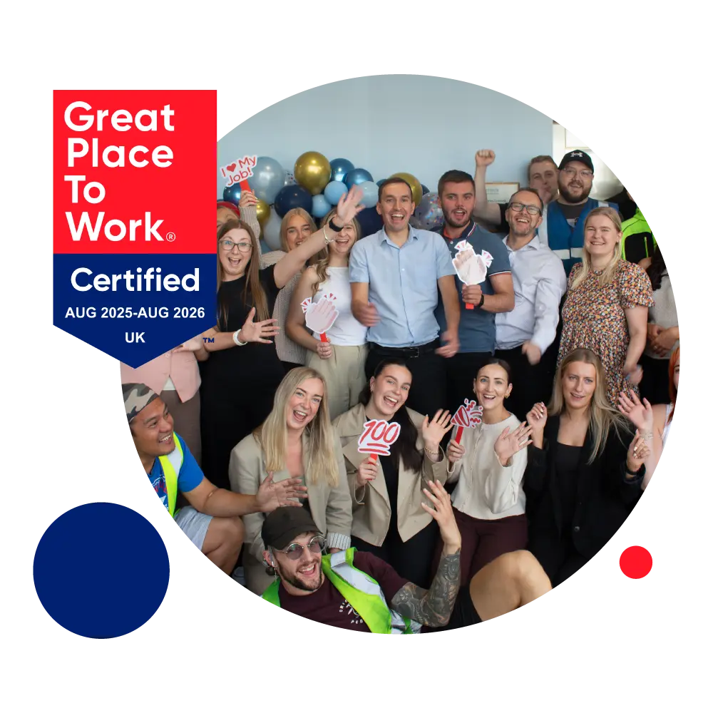 People celebrating and cheering with the Great Place to Work certified logo