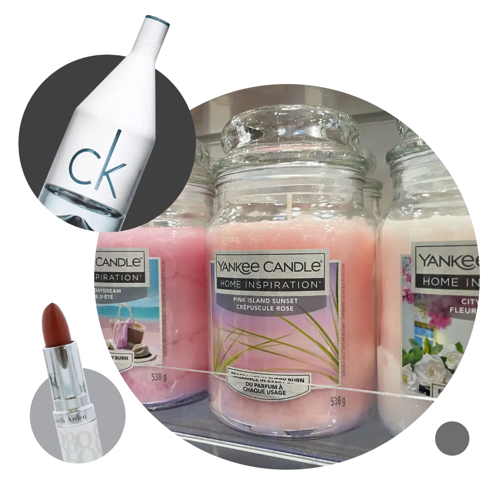 Premium brands image with mix of products including Yankee Candle and Calvin Klein Fragrance
