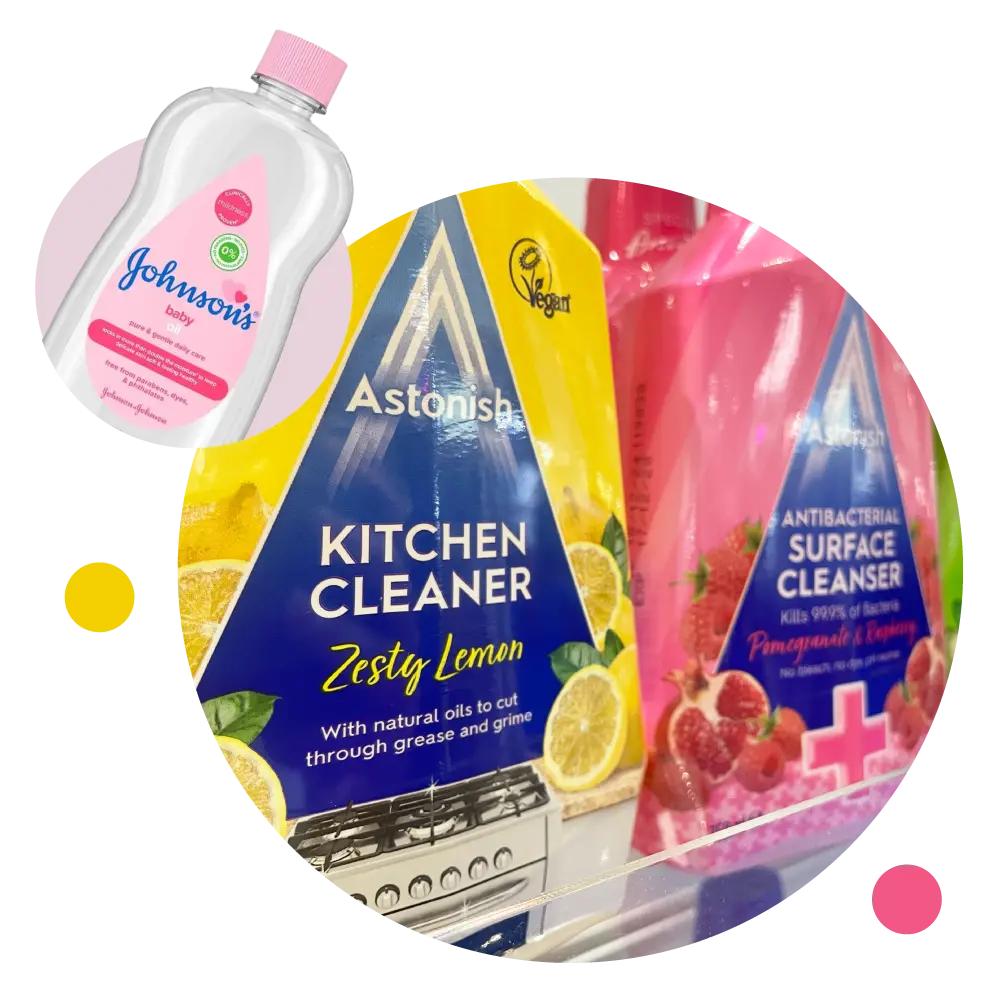 Astonish Kitchen Cleaner with pop out of Johnsons Baby Oil