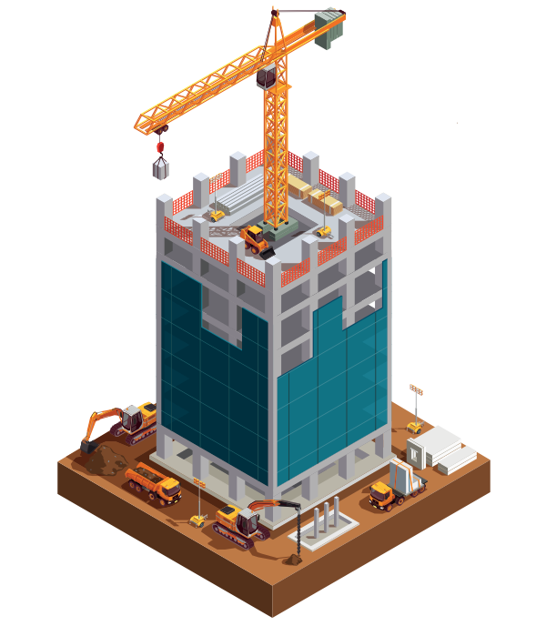 Isometric large building being constructed 