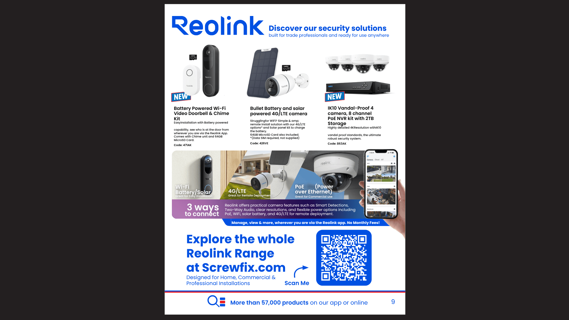 The full REAS-designed Reolink product brochure page for the 2025 Screwfix catalogue