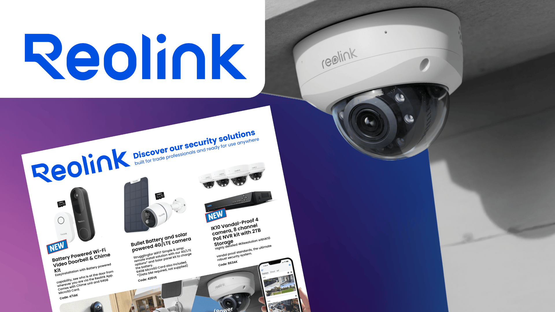 A Reolink security camera alongside the REAS-designed Reolink brochure page for the 2025 Screwfix catalogue