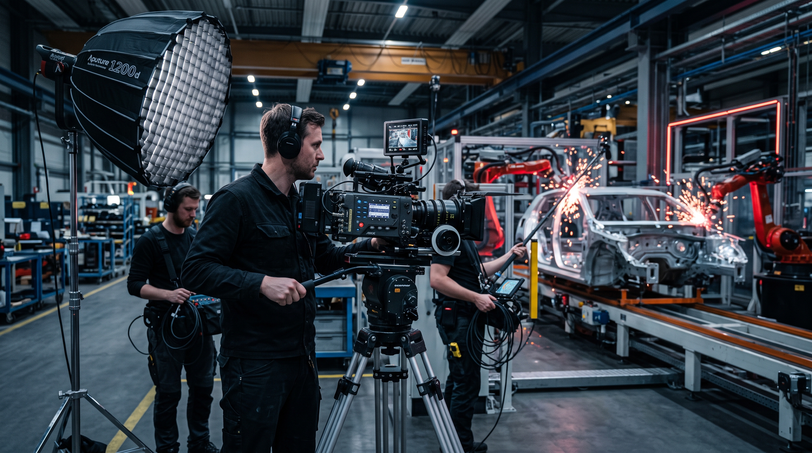 A professional film crew with a cinema camera filming a robotic automotive welding line