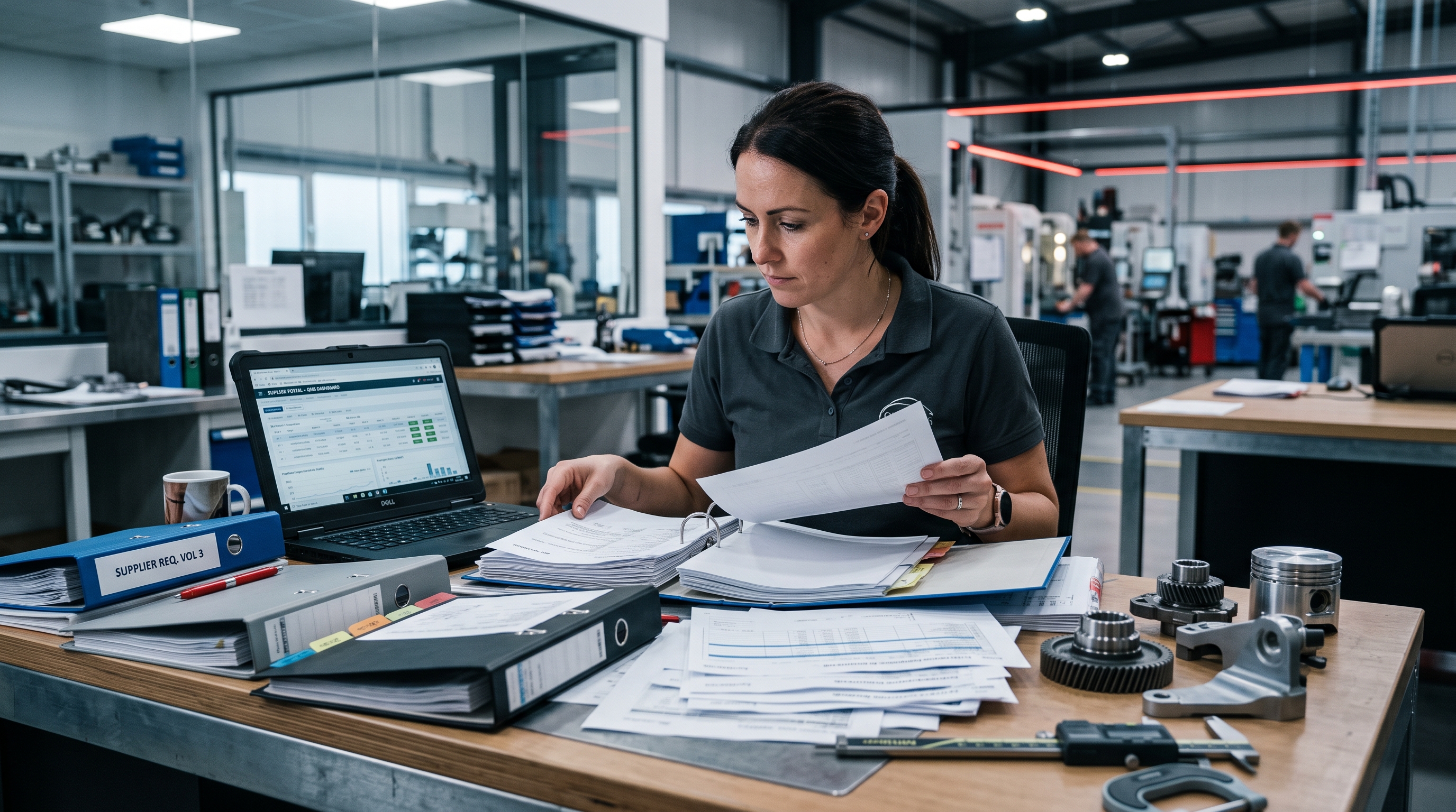 A quality manager comparing multiple binders of customer requirement documents and a supplier portal on a laptop in an automotive factory office