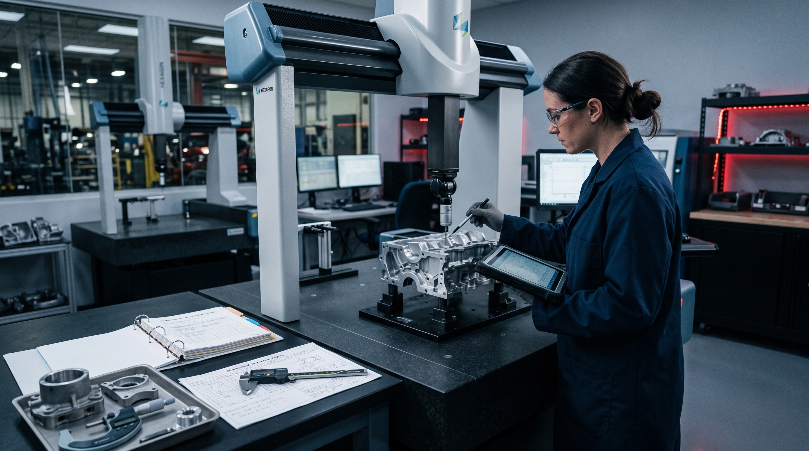 A quality inspector measuring a first-article automotive sample part on a coordinate measuring machine with a submission document package and dimensional report on the bench