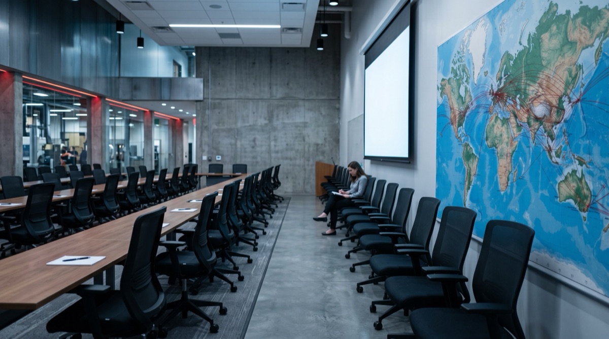 An almost empty corporate training room with rows of empty chairs and a world map marked with flight paths
