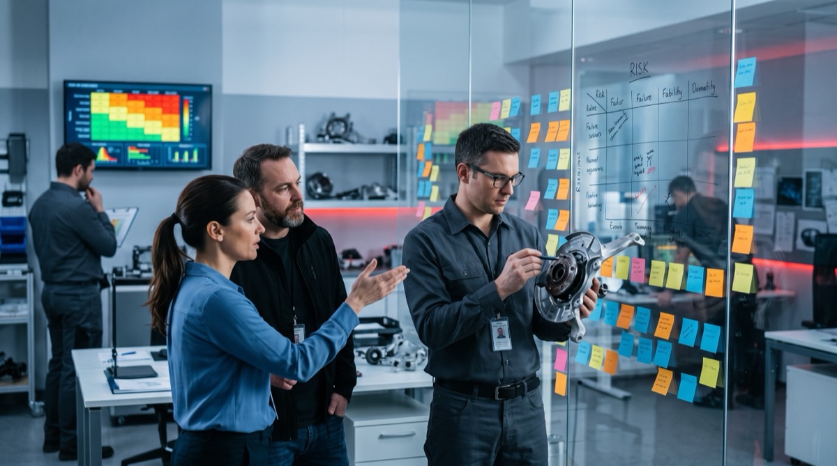A team of automotive engineers analysing failure risk at a glass wall of sticky notes and a colour-coded risk matrix, examining a component for potential failure points