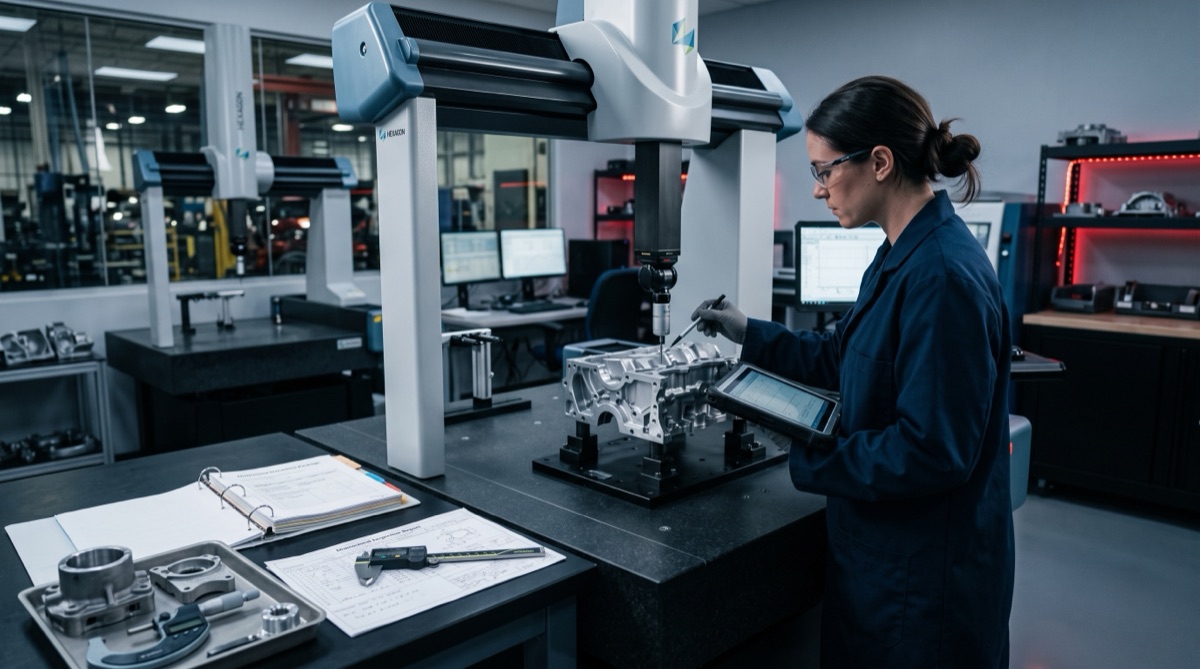A quality inspector measuring a first-article automotive sample part on a coordinate measuring machine with a submission document package and dimensional report on the bench