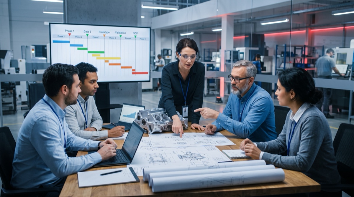A team of automotive engineers in a product-planning design review around engineering drawings and a prototype part, with a project phase timeline on screen