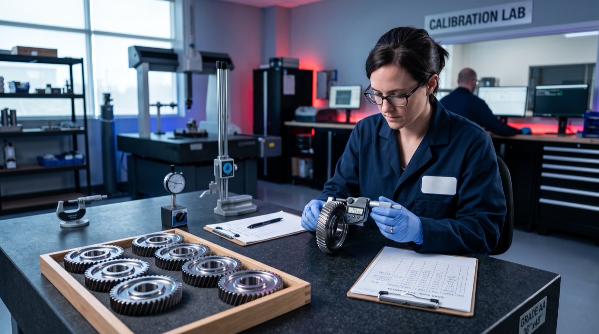 A metrologist in a calibration lab measuring a precision automotive component with a digital micrometer beside sample parts and a data sheet on a surface plate