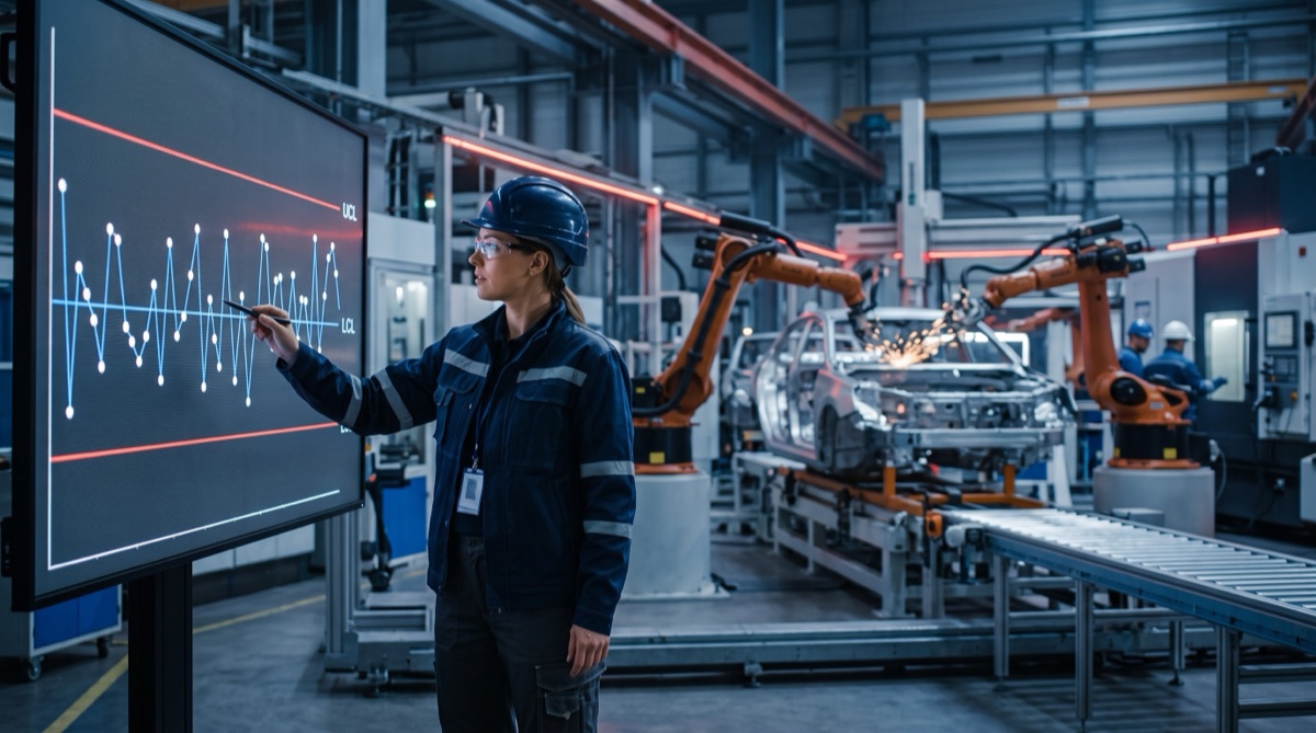 A process engineer on an automotive production line reviewing a large monitor showing a statistical process control chart with plotted points between control limits