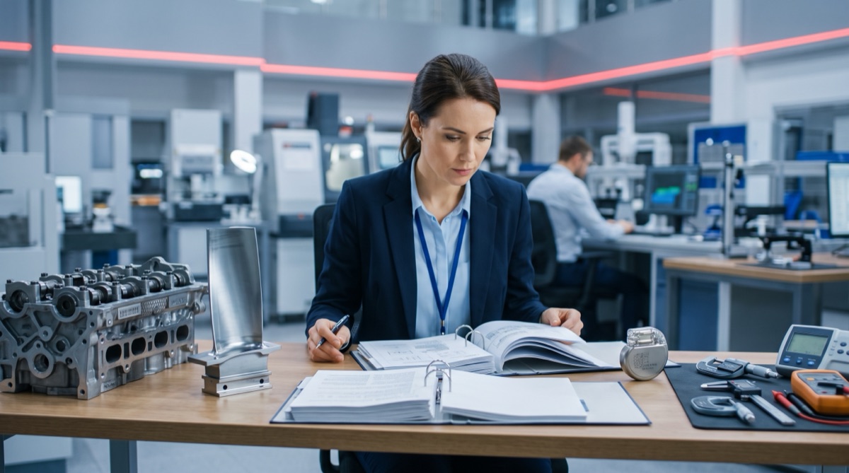 A quality manager comparing certification standard documents with automotive, aerospace, medical device and lab calibration components on the desk