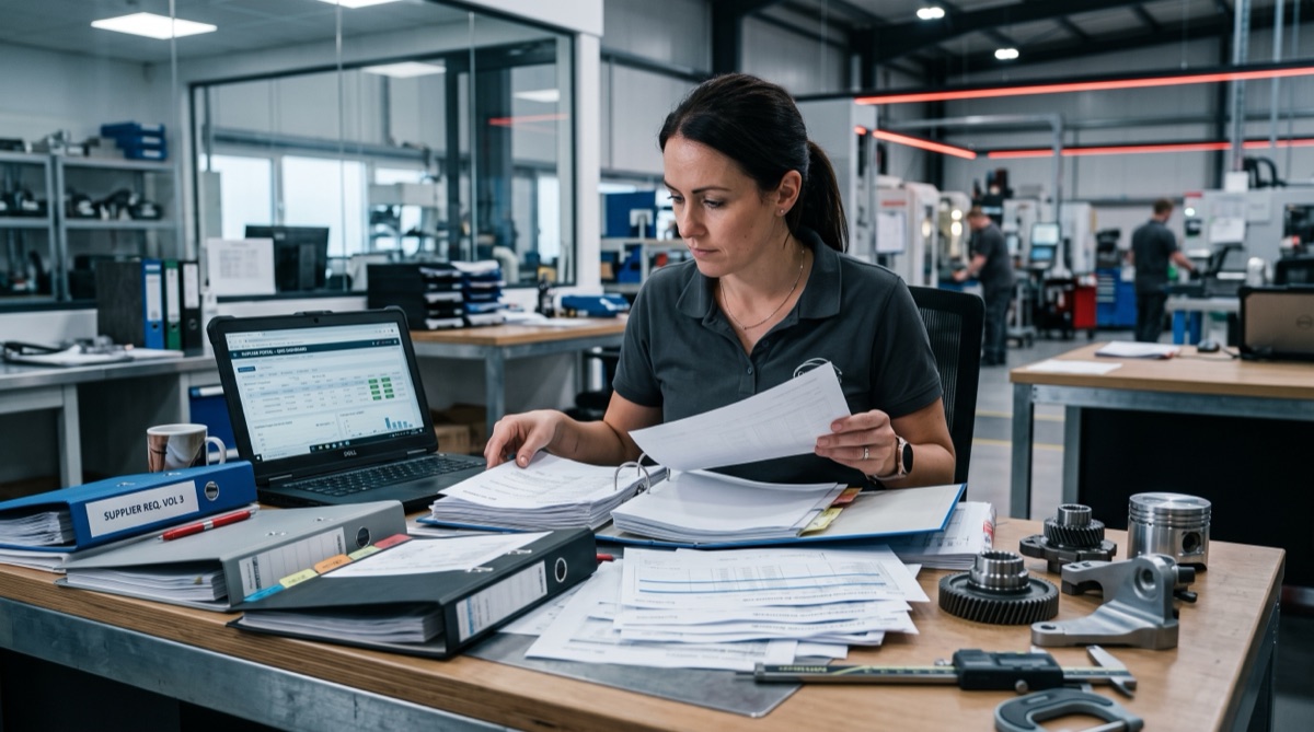 A quality manager comparing multiple binders of customer requirement documents and a supplier portal on a laptop in an automotive factory office