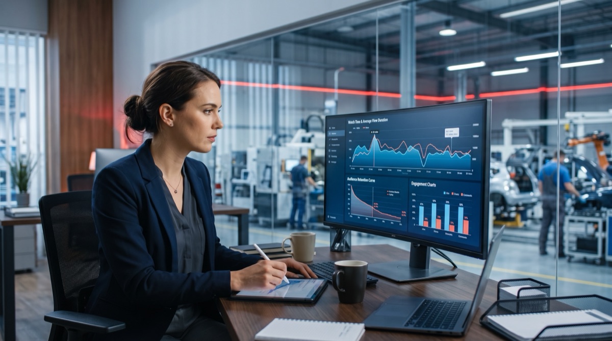 A marketing analyst reviewing video performance analytics on a large monitor in an office overlooking a factory floor