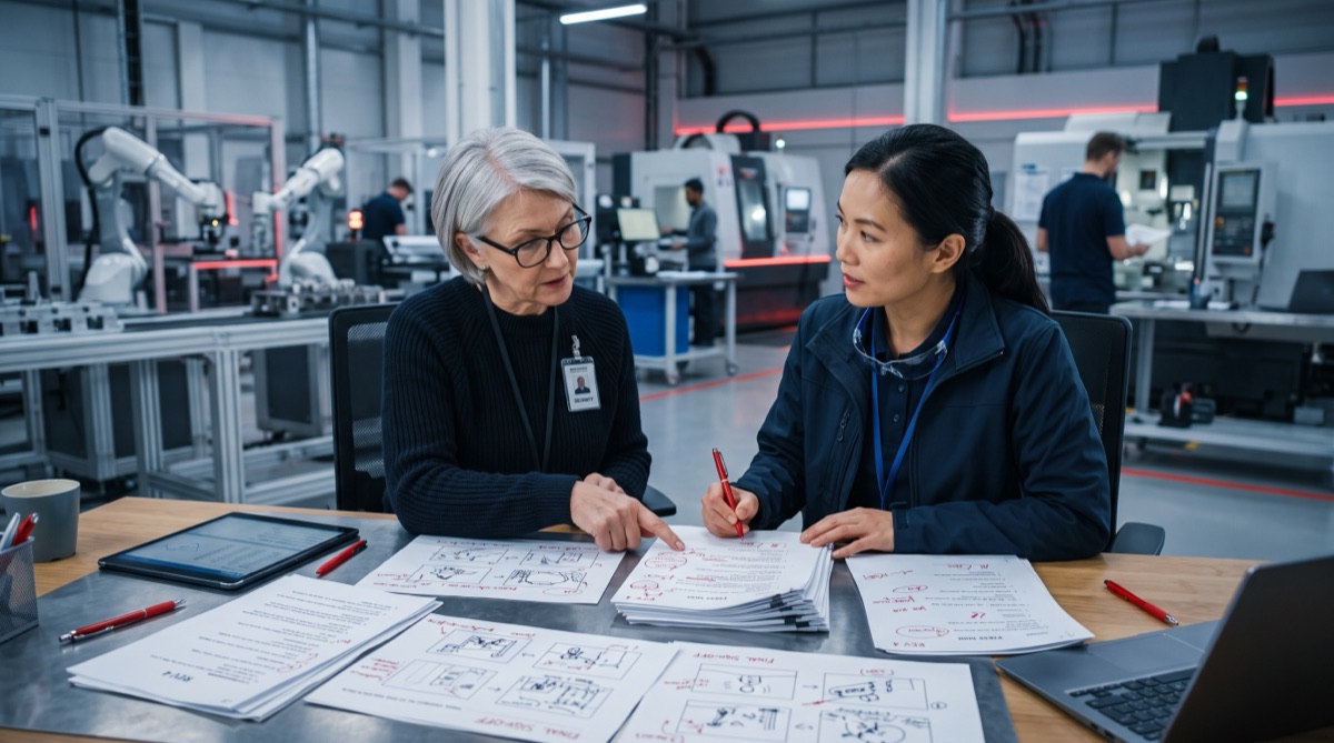 Two specialists reviewing and signing off a printed video storyboard with red-pen annotations in a factory